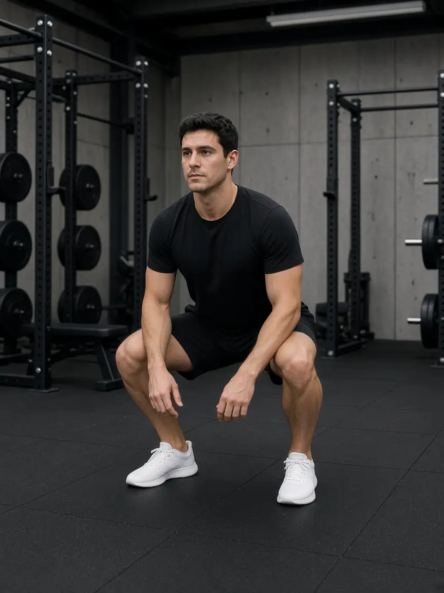 Athlete holding a squat in a black training kit