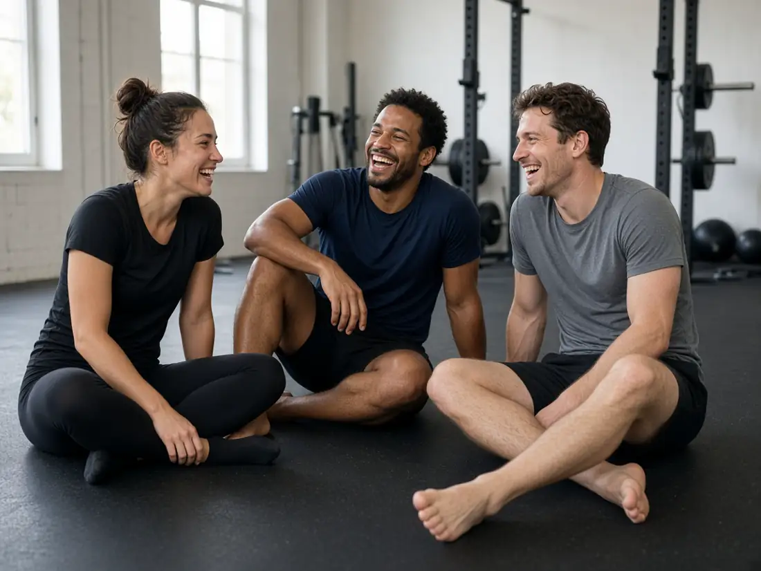 Three athletes in training clothes sitting on a gym floor